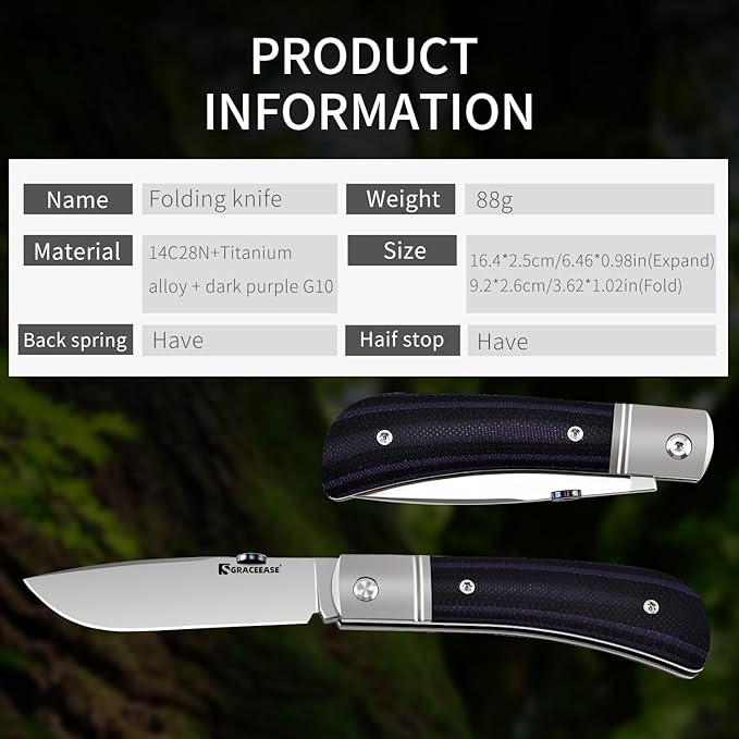 Jack Folding Pocket Knife - 14C28N Steel BladeTitanium &amp G10 HandleEDC Slip Joint Knife2.7″ Sharp BladeLightweight EDC Tool for CampingHiking (Purple and black mixed)