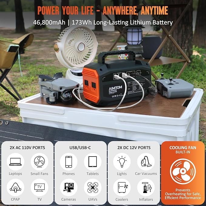 AIMTOM Portable Power Station 173Wh Lithium Battery 200W AC Outlet (250W Surge) 18W USB-C 2x USB-A 2x 12V DC Outputs LED Flashlight – Ideal for Camping Travel Emergency Backup RV Home Use