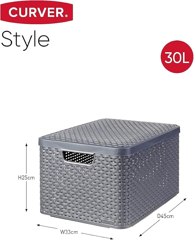 Curver CU Rattan Style Basket L+lid 03619 Grey 44 x 33 x 24 cm