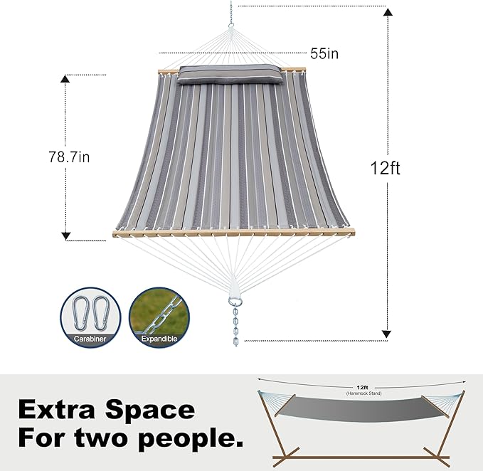 GAFETE Hammock 2 Person Quilted Fabric Hammocks for Outside Double 12ft Hammocks with Spreader Bar Large Removable Pillow Storage Bag Carabiners Max 475 lbs Capacity (Peace Dove Grey)