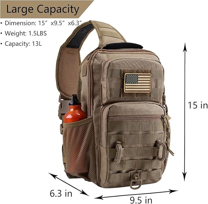 Rover Sling Pack Tactical Shoulder Sling Bag Backpack with Bottle Holder Crossbody Chest Bag Coyote