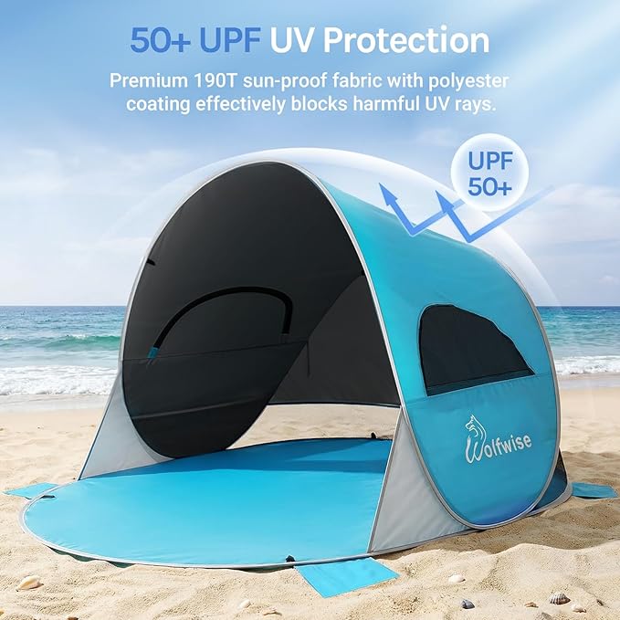 Wolfwise Pop up Beach Tent Sun Shelter with UPF50+ UV Protection Instant Easy Setup Popup Beach Shade Canopy for 3 Person Portable &amp Foldable with Carring Bag 87 ×57×47 in Black Coating