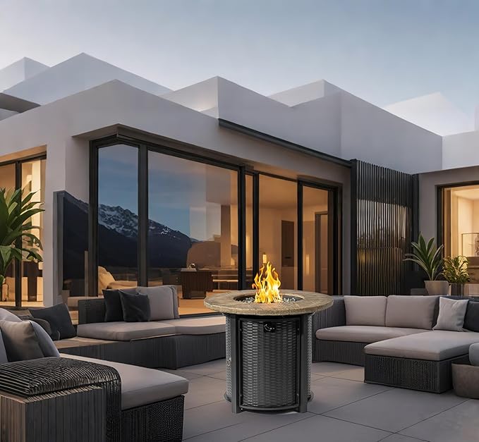 30'' Concrete Round Gas Fire Pit 50000 BTU Steel Outdoor Fire Tables Fire Table with Lid Add Warmth &amp Ambience to Gatherings and Parties On Patio Deck Garden Backyard.