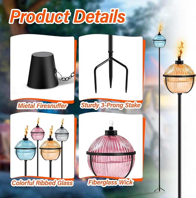 Citronella Torches Set of 4 Large Capacity 16 oz Outdoor Glass Torch Garden Décor58.6 - Inch Upgraded Citronella Torches with 3-Prong Grounded Stake for Yard Patio Gatherin