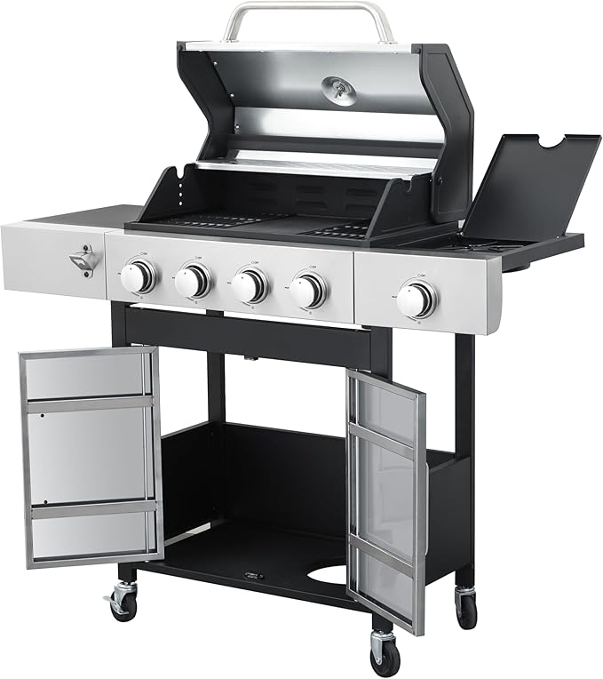 3-Burner Propane Gas BBQ Grill Stainless Steel Propane Grill 36900 BTU Outdoor Cabinet Style with Wheels Wire Rack and Two Foldable Side Table for Outdoor Barbecue Cooking (5-Burner GrillSilver)
