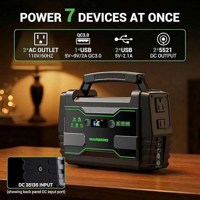 MARBERO Solar Generator 155Wh with 30W Solar Panel Portable Power Station with 2x 100W AC Outlets(Peak 150W) QC3.0 USB UL Certified for Home Blackout Camping RV Travel Ultra-Light &amp Silent Fan
