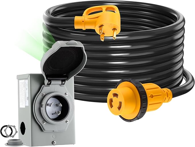 Kanayu 25FT 30 Amp RV Generator Cord and Power Inlet Box Compatible with NEMA TT-30P to L5-30R Lock Generator Extension Cord with LED Indicator Pre-Drilled L5-30P Generator Inlet Box ETL Listed