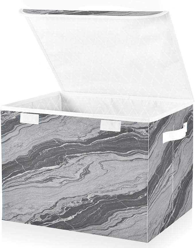Storage Bins With Lid Stackable Fabric Closet Organizer Clothing Storage Large Boxes For Closet Shelves Bedroom Dark Grey Marble