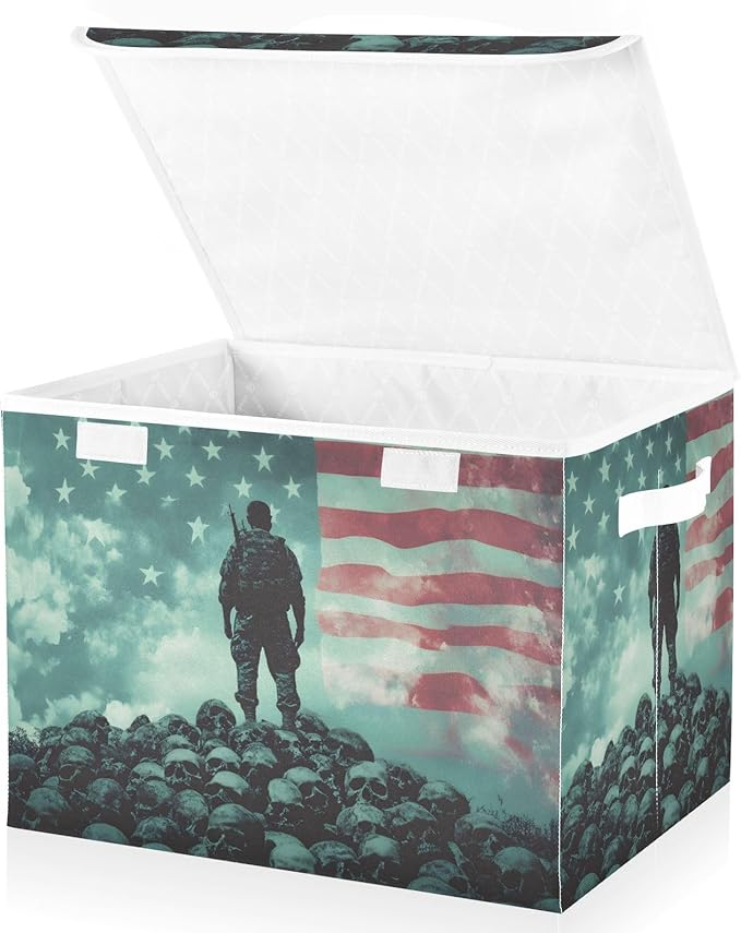 AIXIWAWA Lidded Storage Cube (Skulls Soldier American) Fabric Foldable Closet Bins with Flip Lid and Handles Organizer Basket Container 16.5 x 12.6 x 11.8 IN