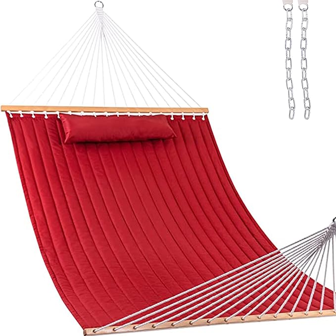 Lazy Daze Hammocks 12 FT Double Quilted Fabric Hammock with Spreader Bar and Detachable Pillow 2 Person Hammock 450lbs Weight Capacity Burgundy