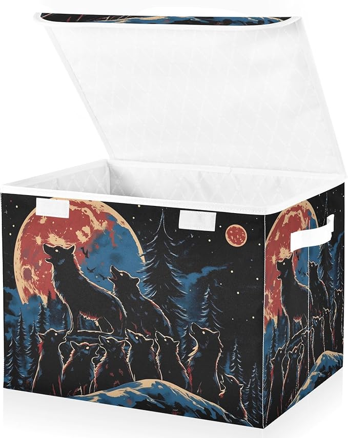 Wolf Packs Storage Cube Bins Basket with Lid Collapsible Flip-top Fabric with Handle for Home Bedroom Closet Office 16.5×12.6×11.8 in