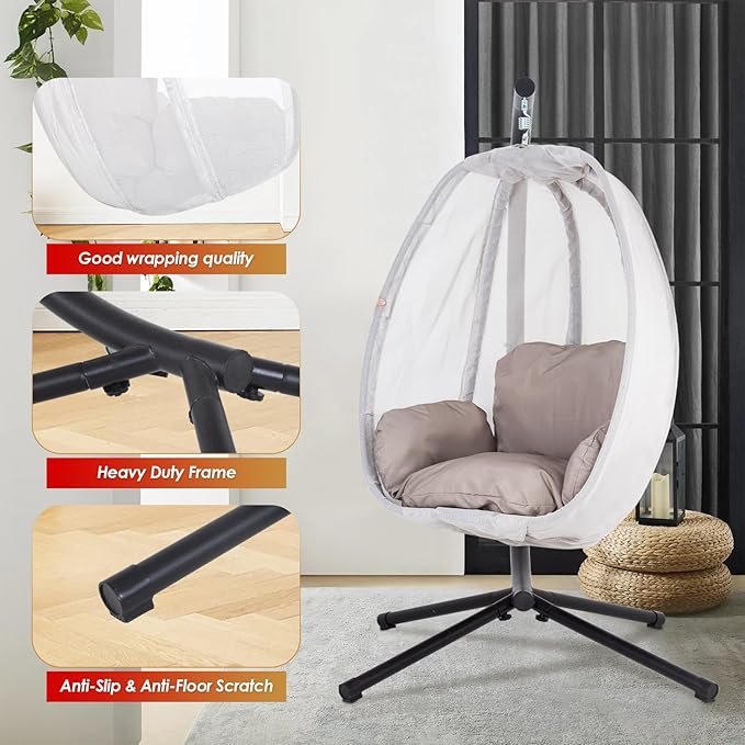 Egg Chair with Comfy Cushions Indoor Outdoor Hanging Chair Sturdy Heavy Duty Hammock Chair with Stand Cushions Breathable Fabric Cover for Patio Bedroom Garden Poolside Grey