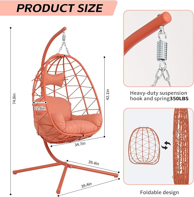 Hanging Egg Chair with Stand Outdoor Indoor Patio Rattan Swing Hammock Chairs with Washable Cushion PE Wicker Swing Chair for Backyard Bedroom Garden (Orange Red + Orange Red Cushion No Footrest)
