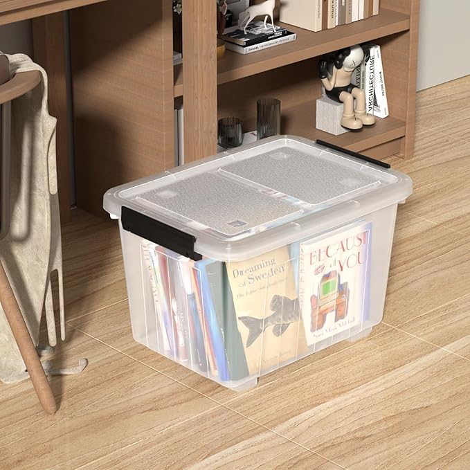50 L Plastic Lidded Storage Bin 4 Pack Clear Latching Storage Box with Wheels