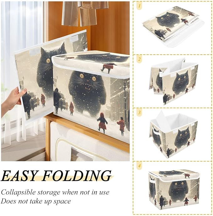 AIXIWAWA Lidded Storage Cube (Monster Cat in City) Fabric Foldable Closet Bins with Flip Lid and Handles Organizer Basket Container 16.5 x 12.6 x 11.8 IN