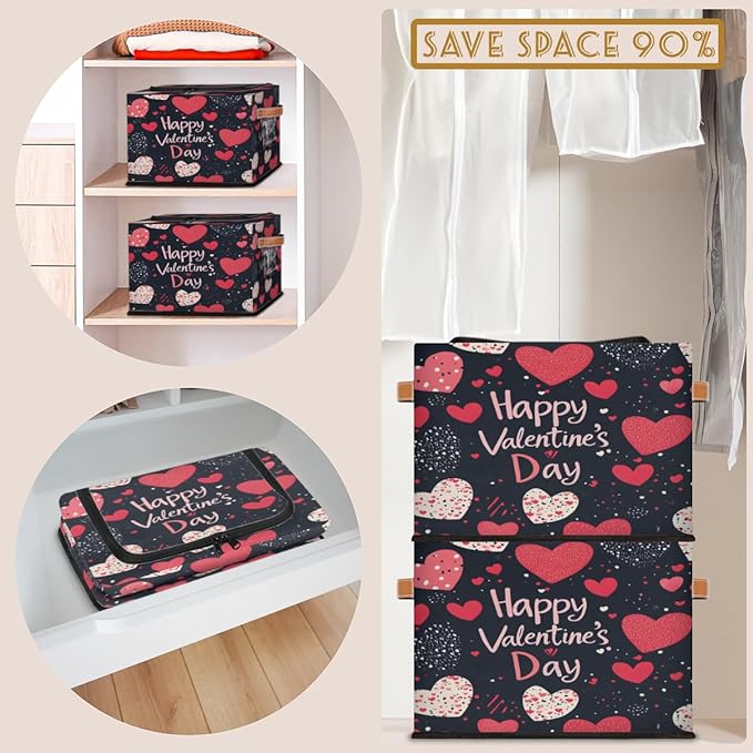 Happy Valentine Storage Bins with Zipper Lid Love Heart Fabric Lidded Storage Baskets Cubes with Handles Decorative Foldable Shelf Closet Organizer Container