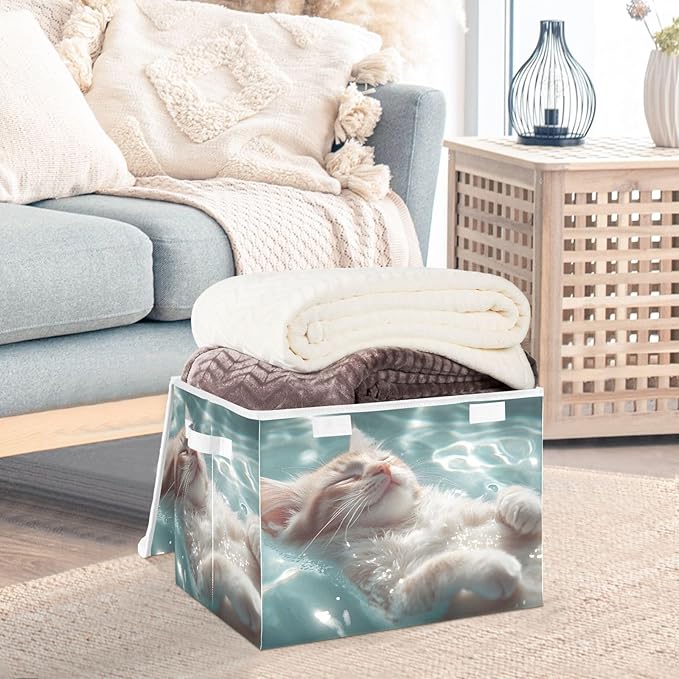 AIXIWAWA Lidded Storage Cube (Cat in Pool) Fabric Foldable Closet Bins with Flip Lid and Handles Organizer Basket Container 16.5 x 12.6 x 11.8 IN