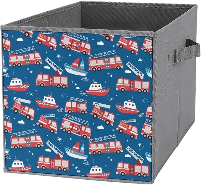 Foldable Storage Cube with Handles Firetrucks Fire Trucks Sturdy Collapsible Organizer Bin for Heavy Items like Books &amp Tools Reinforced Sides for Durability