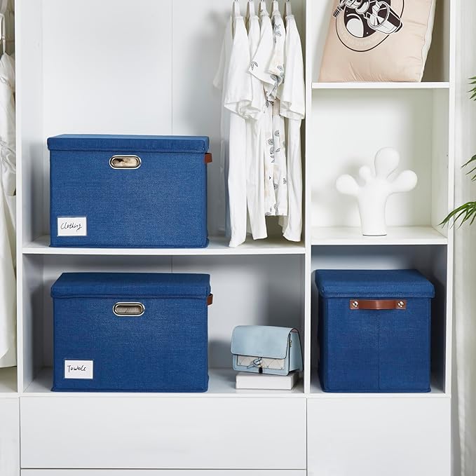 15 Large Collapsible Storage Bins with Lids Stackable Closet Organizers with PU Handle and Labels 3-Pack Decorative Fabric Storage Boxes for Home Bedroom Closet Office Nursery(Navy Blue)