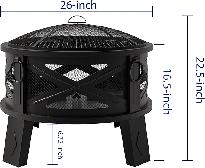Fire Beauty 26Steel Fire Pit with Grill Grate&ampSpark Screen360° Airflow Boost TechnologyLess SmokeLarger FlamesHeavy-Duty Portable Camping Fire Pit for BackyardBeachRV (22lbs4 HandlesDual-