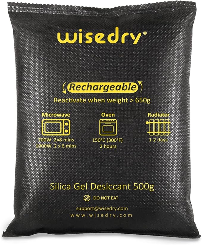wisedry 2 x 500 Gram [2.2 lbs] Rechargeable Silica Gel Car Dehumidifier Microwave Fast Reactivated Desiccant Packets Large for Gun Safe Closet Basement Garage Storage Moisture Absorber Bag Reusable