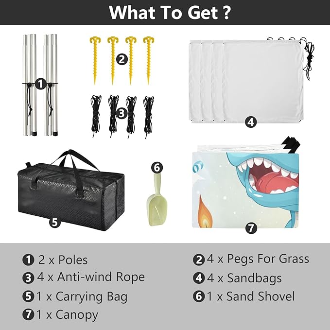 ALAZA Cute Dino Dinosaur Birthday Beach Tent Sun Shelter UPF50+ Protection Beach Shade Canopy w/ 4 Sandbags for Outdoor Camping Fishing Backyard Fun Picnic 10x9 ft