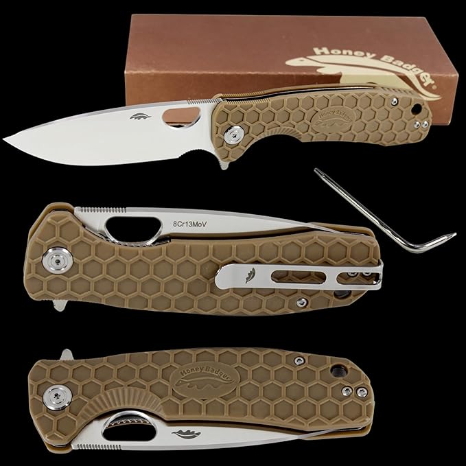 Honey Badger Large Pocket Knife EDC Drop Point Folding Utility Knife 3.6 Steel Blade Reversible Pocket Clip - (3.8oz) Drop Point Large Tan HB1002