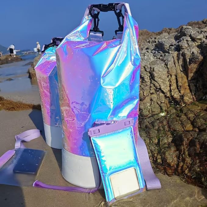 20L PVC Holographic Waterproof Dry Bag Double Shoulder Strap Beach Swimming Backpack Crossbody Waterproof Bucket Bag for Kayaking Boating and Outdoor Sports (20L)