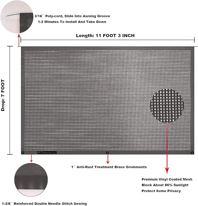Tentproinc RV Awning Sun Shade Screen 7' X 11' 3'' (Fit for 12' Awning) Mesh Sunshade Block UV Glare Motorhome Camping Trailer Awning Sunscreen Screenshade - 3 Year Warranty (Brown)