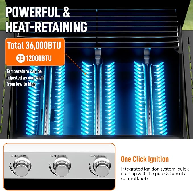 Bonnlo 3 Burners Portable Gas Grill with Enameled Cast Iron Grates Powerful 36000 BTU Propane Grill with Side Shelf &amp Bottom Cabinet Outdoor Grill with Wheels for Patio Backyard Garden BBQ Use