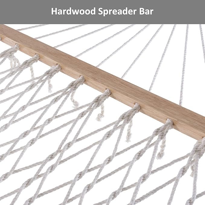 SUNCREAT Hammocks Outdoor Double Hammock with Hardwood Spreader Bar Heavy Duty Cotton Rope Hammock with Polyester Pad Dark Blue