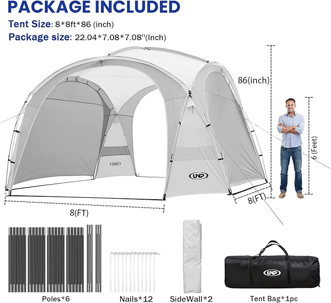 UNP Easy Beach Tent Pop Up Canopy UPF50+ Tent with Side Wall Ground Pegs and Stability Poles Sun Shelter Rainproof Waterproof for Camping Trips Backyard Fun Party Or Picnics