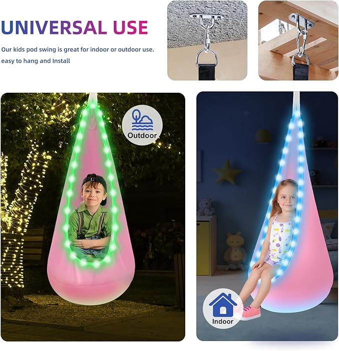 Light Up Swing Chair Hammock Chair Indoor Outdoor for Kids Pod with LED Lights Soft and Safe 176 lb. Load Capacity Easy Installation Perfect for Bedroom Garden and Playroom (Pink)