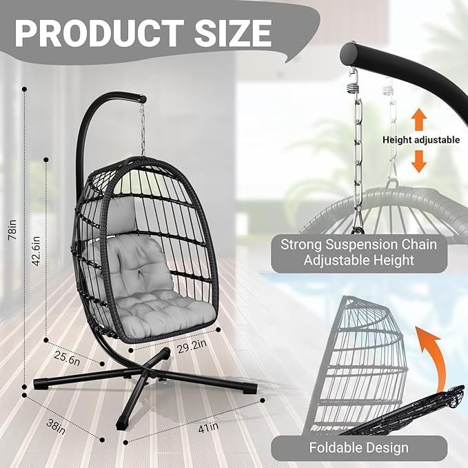 LEVELEVE Egg Chair with StandPatio Rattan Wicker Hanging Swing Egg Chair Hammock Chair for Bedroom Porch GardenThickened Aluminum Alloy Steel Frame and UV Resistant Cushion350LBS Capacity
