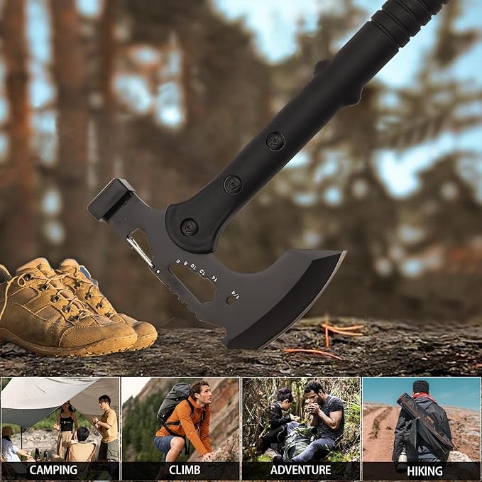 Tactical HatchetBlack Stainless Steel Camping Hatchet Axe with Nylon SheathBlack Tomahawk with Bottle OpenerHex WrenchesTactical Tomahawk Axe Hammer for Outdoor Splitting WoodHunting Survival