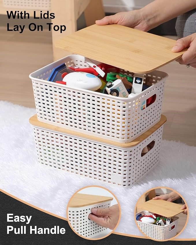 AREYZIN Storage Bins with Bamboo Lids Set of 6 Lidded Storage Container Plastic Baskets Organizer Bins for Organizing Bedroom Office Kithen Room