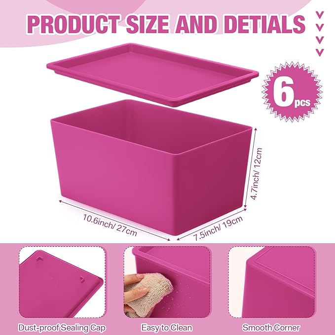 Menkxi 6 Pcs Storage Bins with Lids Small Plastic Storage Containers Stackable Storing Baskets Box Cute Organizer Bins for Organizing Shelves (Pink Series)