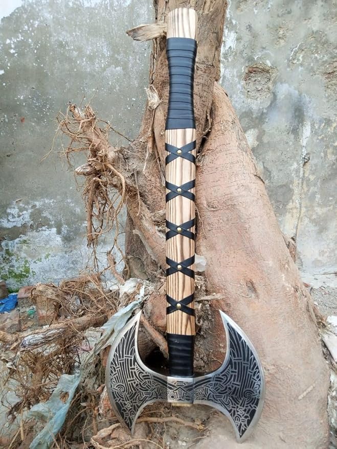 Hand-Forged Double Headed Viking Axe – 27 Odin's Carbon Steel Battle Hatchet with Leather Wrapped Wood Handle – Norse Style Throwing Axe for Camping Collecting Survival Gear or Gifts.