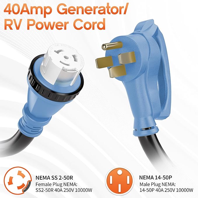 100FT 40 Amp Generator Cord NEMA 14-50P/SS2-50R Heavy-Duty 4 Conductors Cable Pure Copper STW RV Extension Cord Female Plug with Twist Lock Suitable for RV or Camper ETL Listed
