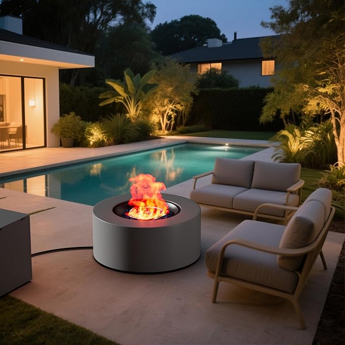 30 Round Propane Fire Pit Table - 50K BTU with Lid Rocks Tank Storage and Cover - Round Gas Fire Pits for Outside Patio - Outdoor Table with Firepit (Grey 30 Round)