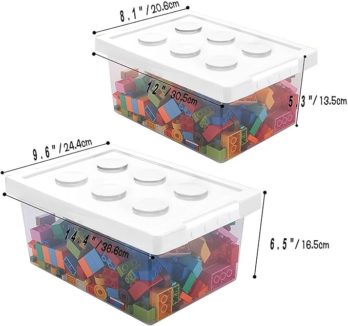 loobuu Plastic Storage Bins with Lids - Stackable Toy Storage Organizer Box Set of 2 Toy Chests with Compatible Building Baseplate and Lid Storage Container for Building Bricks &amp Toys- White