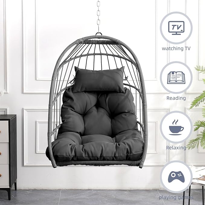 Outdoor Garden Rattan Egg Swing Chair Hanging Chair PE Hanging Chair GrayGray+Gray