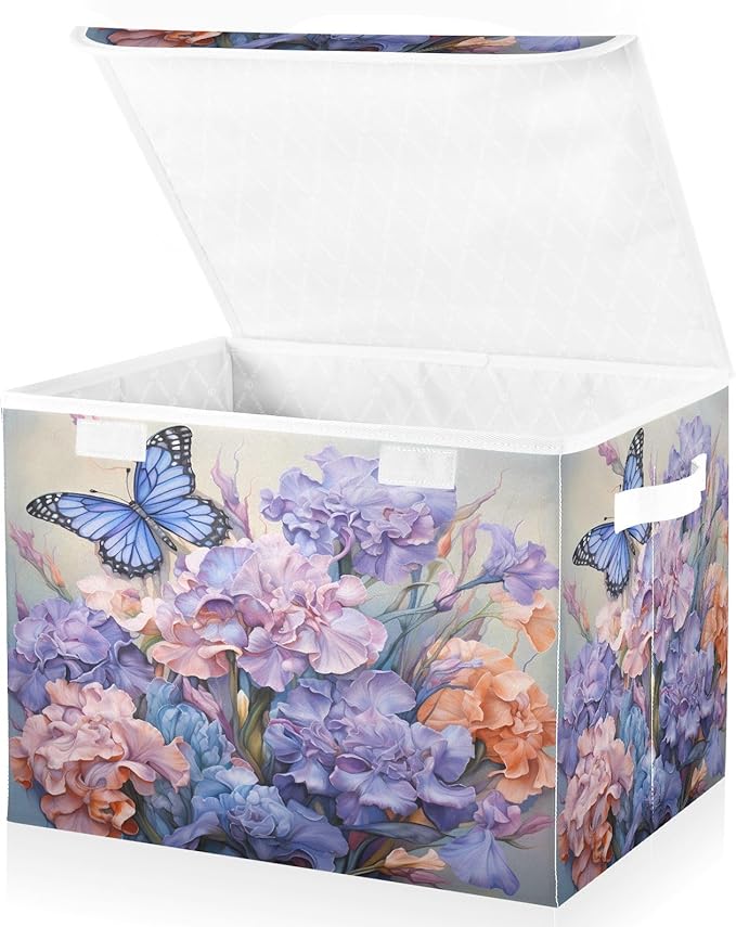 MNSRUU Containers Baskets with Lids Floral Butterfly Foldable Storage Bins Organizer with Lid Collapsible Storage Boxes for Home Bedroom Closet Office