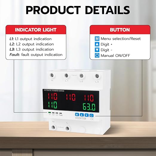 Automatic Transfer Switch 63A 110V Inverter Generator Transfer Switch with 5 Digits LED DisplayThree Source Power Selector for Home Generator Grid Inverter Outdoor RV