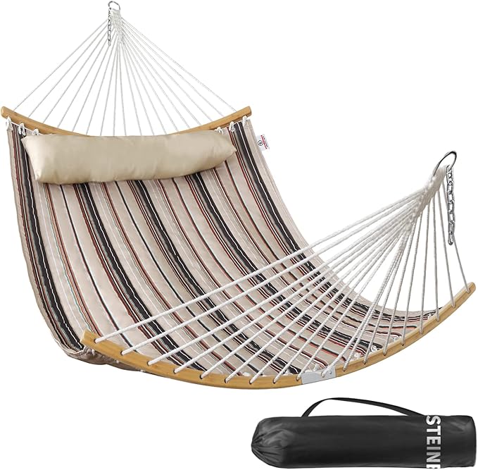 Double Hammock 11 FT Quilted Fabric 2 Person Hammock for Outside with Pillow Folding Curved Spreader Bar Chains Carrying Bag Indoor Outdoor 450 IB Capacity Havana Brown