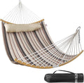 Double Hammock 11 FT Quilted Fabric 2 Person Hammock for Outside with Pillow Folding Curved Spreader Bar Chains Carrying Bag Indoor Outdoor 450 IB Capacity Havana Brown