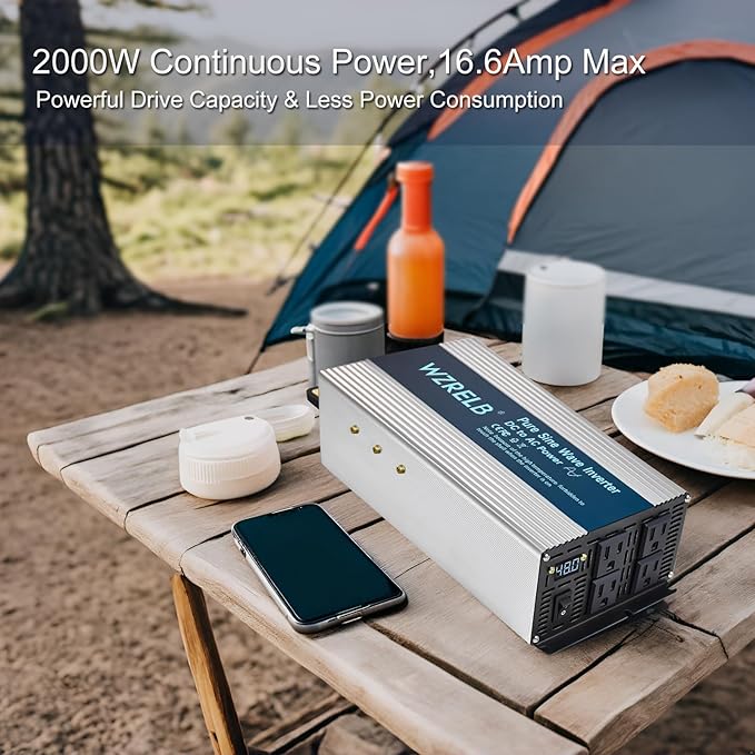 WZRELB 2000W Pure Sine Wave Inverter 12V DC to 110V 120V AC Car Power Inverter with 4 AC Outlets LED DisplayOff-Grid Portable Power Converter for Home RV Truck Camping