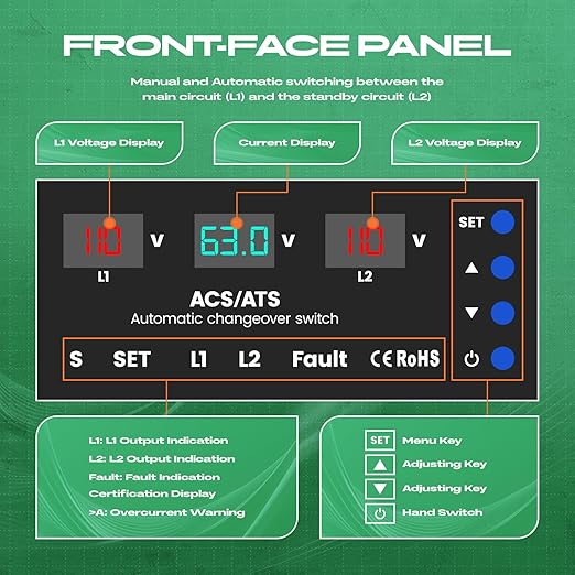 Automatic Transfer Switch 63A 110V DIN Rail Mount Generator Transfer Switch with Automatic and Manual Operation LED Display Over Voltage and Over Current Protection 50/60Hz
