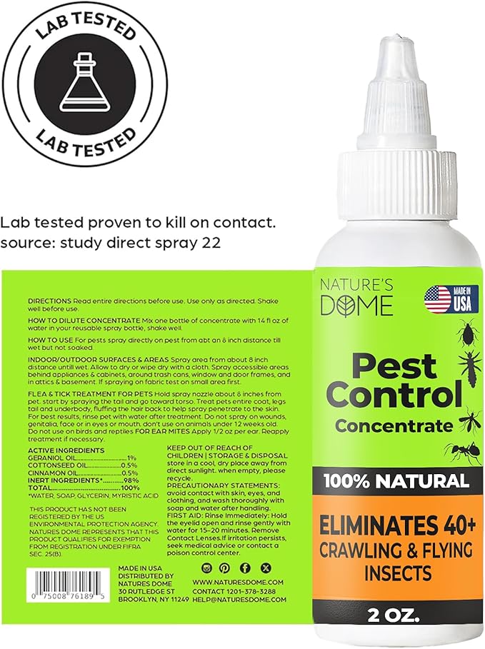 Nature’s Dome Pest Control Concentrate Spray 2 Oz (Pack of 2) | Eco-Friendly Bug &amp Ant Spray – Each Bottle Makes 16 Oz | Bug Spray for Fleas Ticks &amp Mosquitoes | Safe for Pets &amp Kids