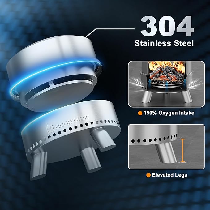 Smokeless Fire Pit with Waterproof Bag 20 Inch Stainless Steel Fire Pits for Outside Wood Burning Smokeless Firepit Outdoor Bonfire Removable Ash Pan Portable for Camping Backyard